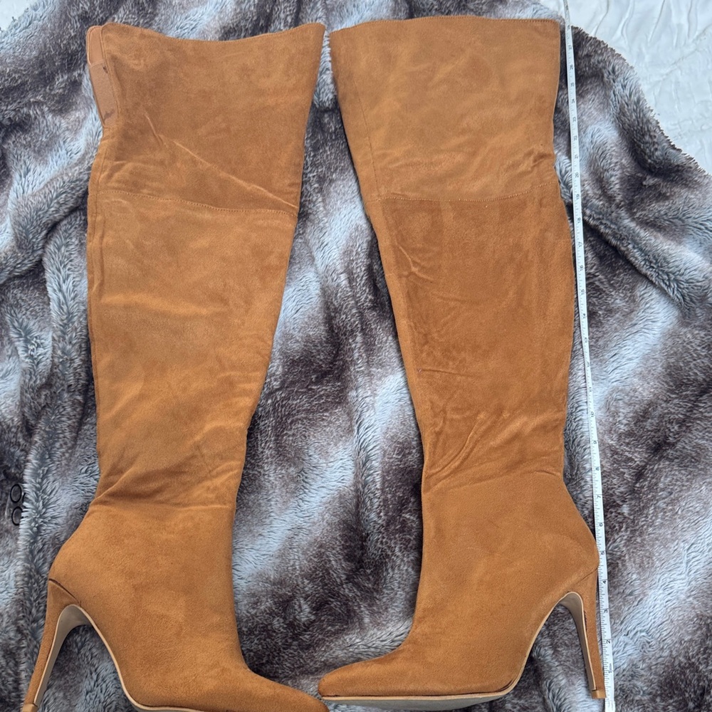 Tall Camel Suede Knee-High Stiletto Boots - Women